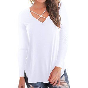 Women's Casual Long Sleeve T Shirt White V-Neck